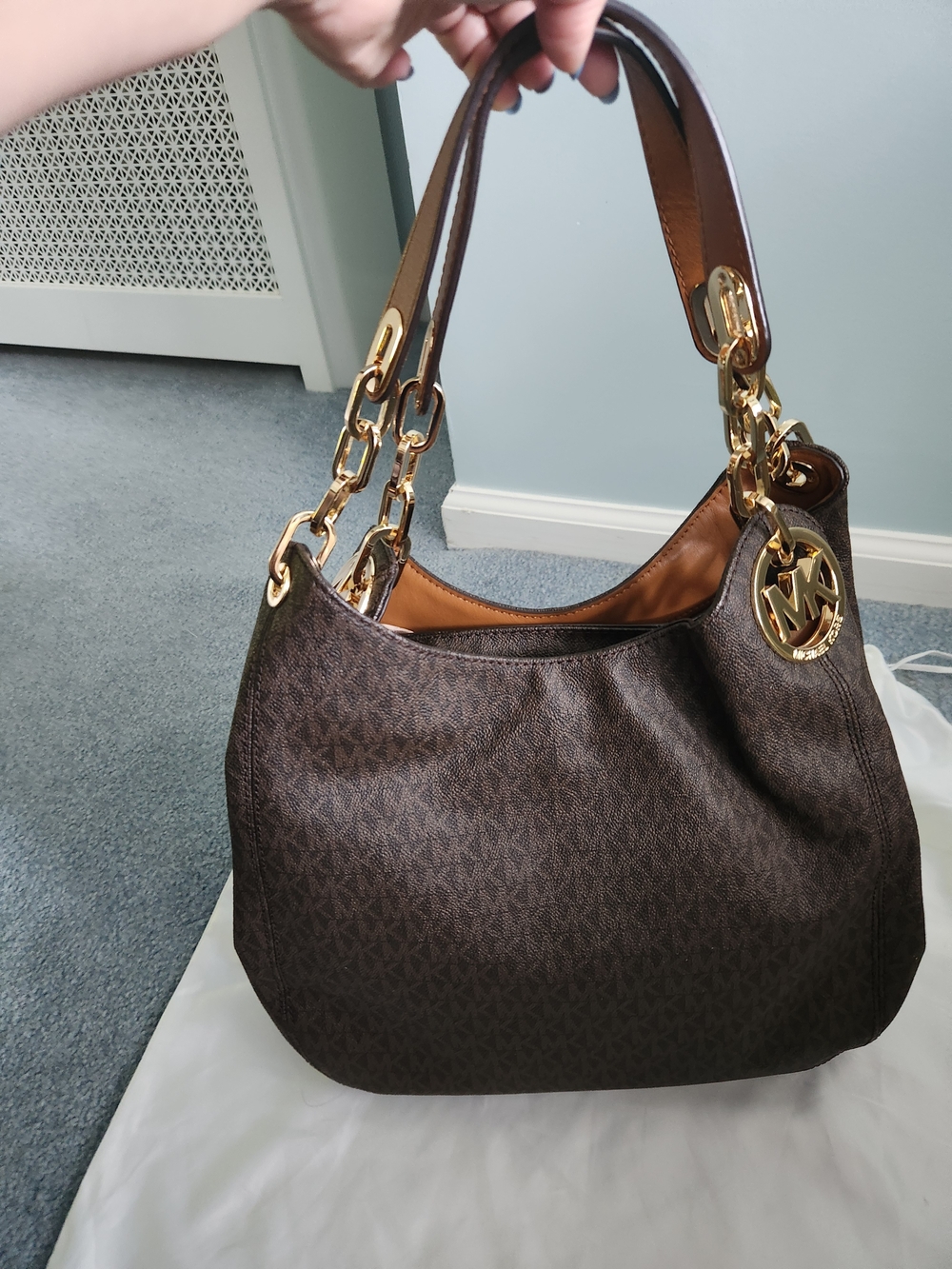 Michael Kors Dark Brown Logo Lillie Tote Shoulder Bag with Gold Hardware